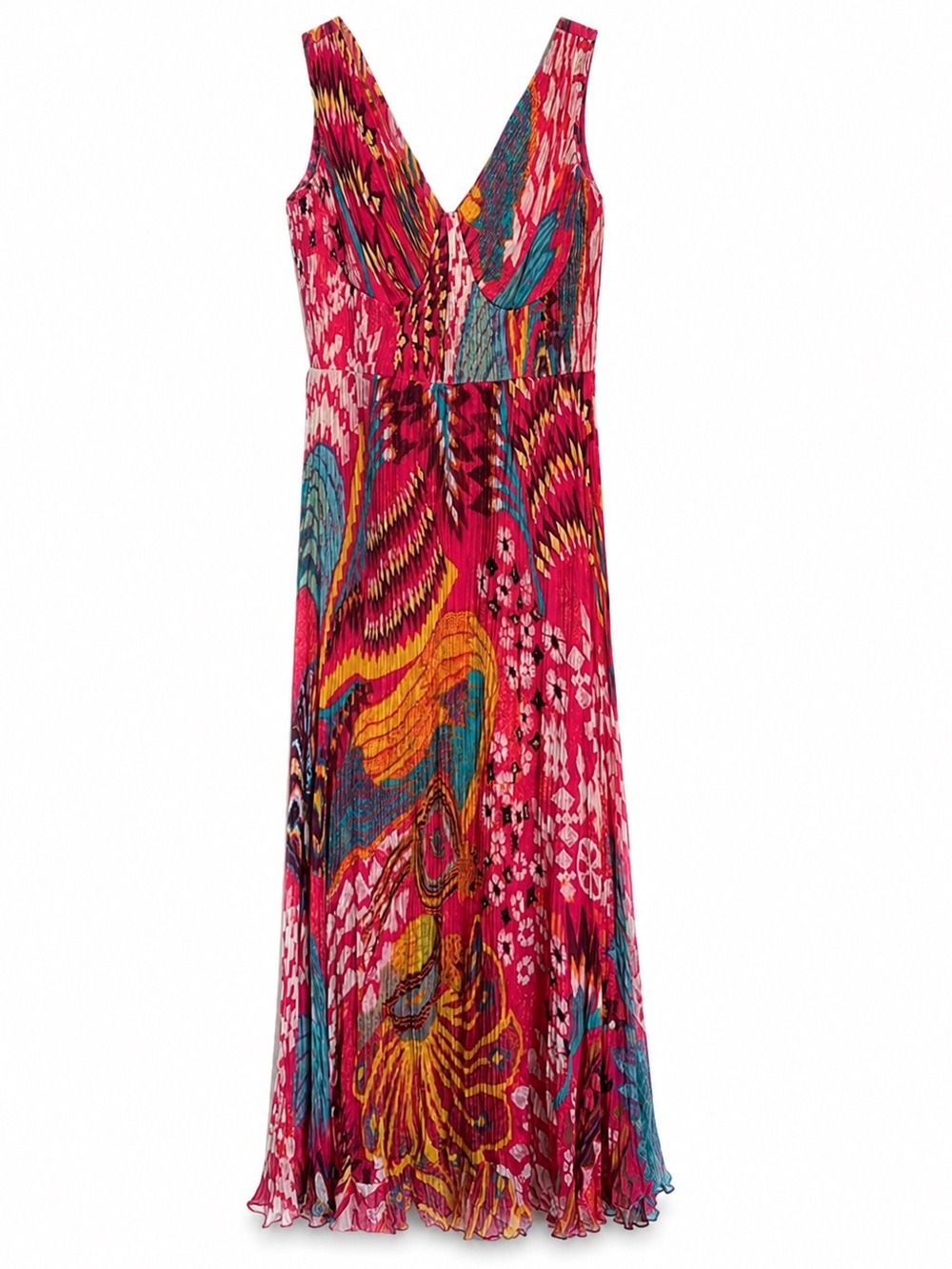 SAAKSHA & KINNI Hand Pleated Silk Bustier Dress Multicolor Ikat Maxi RARE - Med